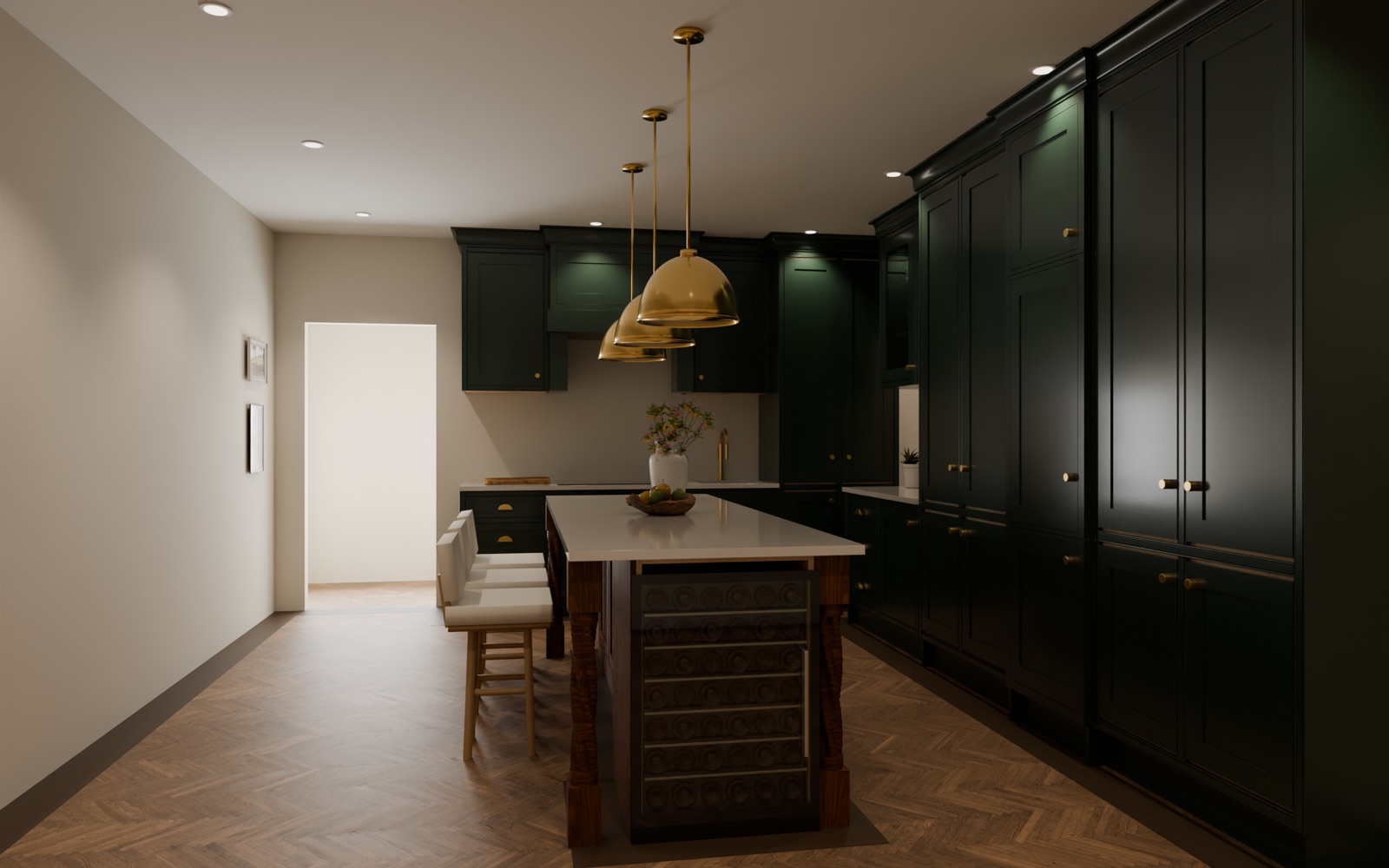A dark green shaker kitchen with brass pendants and an oak island holding a wine cooler, on a herringbone floor