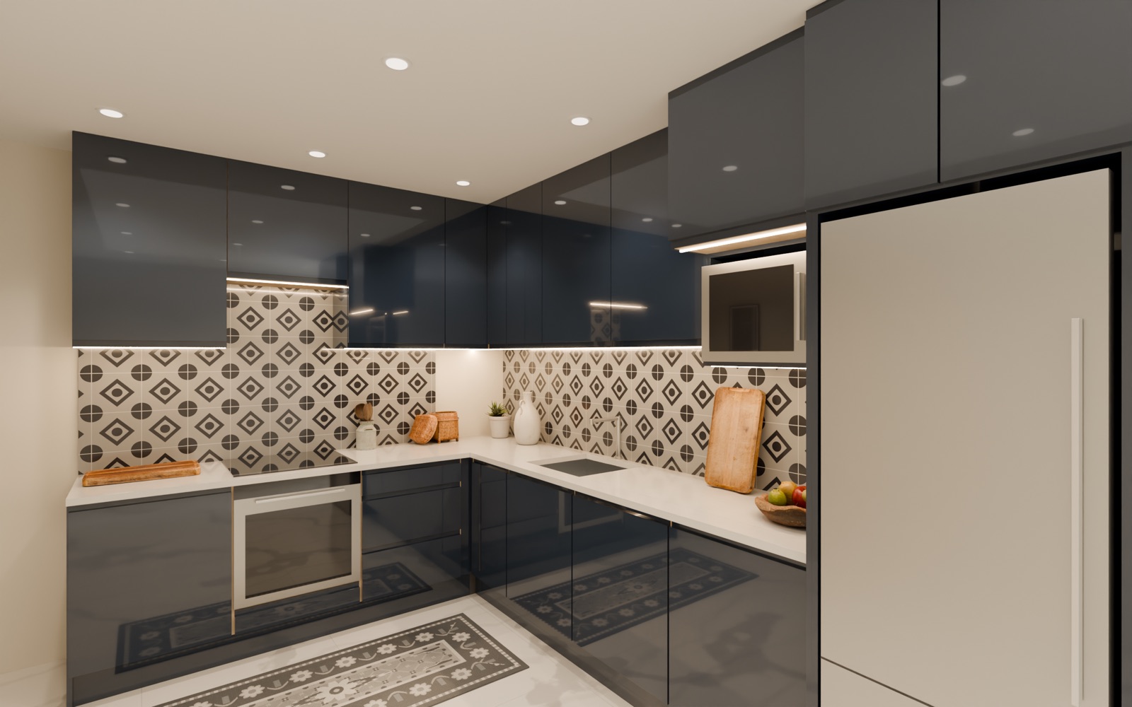 The same show home kitchen in navy gloss