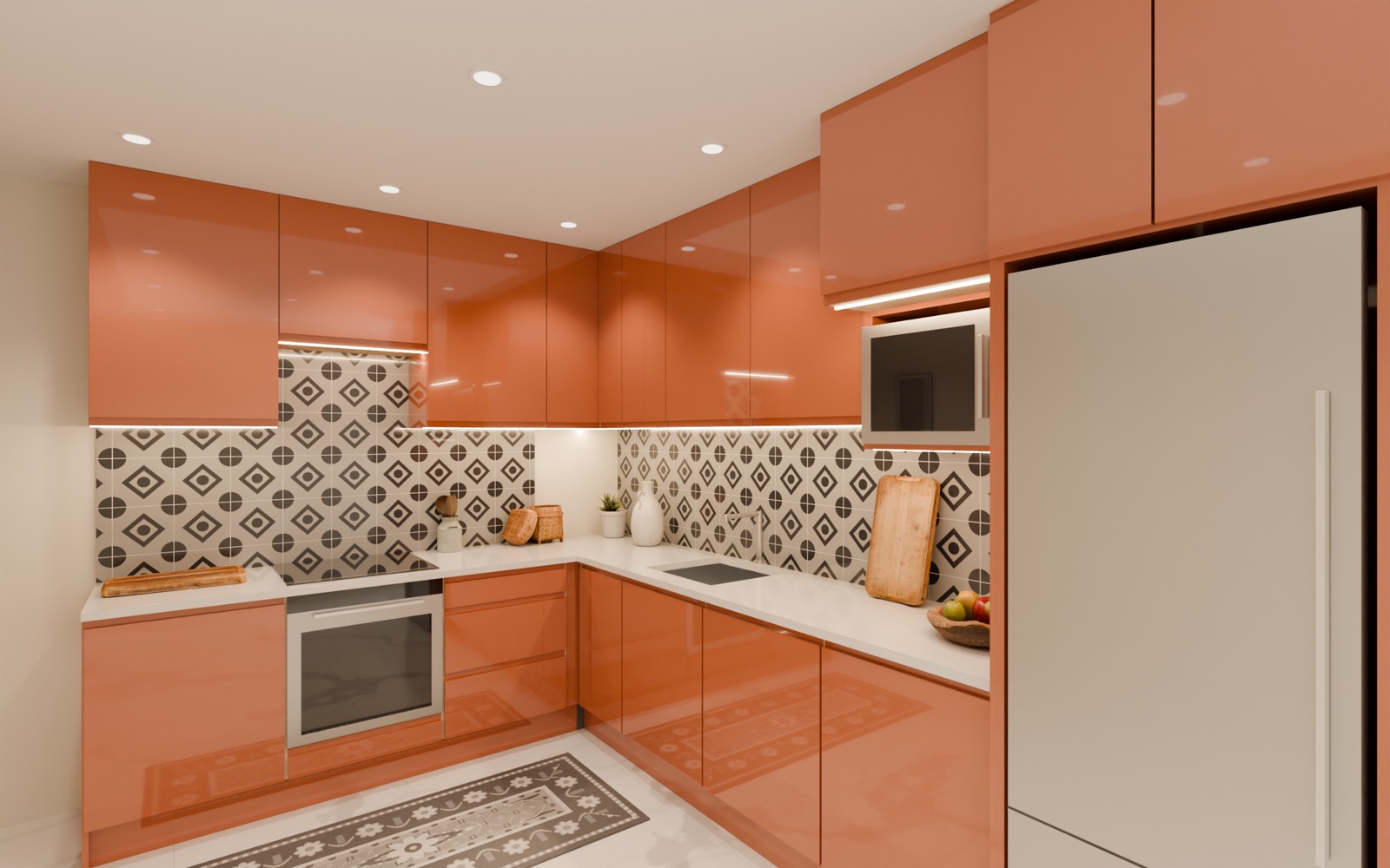 The same show home kitchen in terracotta gloss