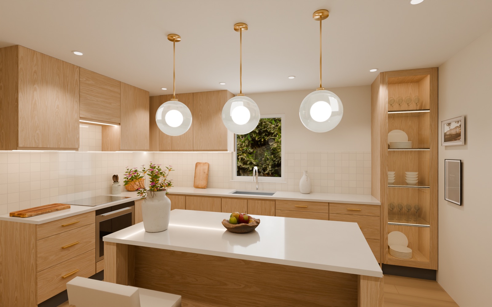 A light oak kitchen with opal globe pendants on brass rods over an island with a thick white top, and a lit glazed tall dressed with glasses and plates