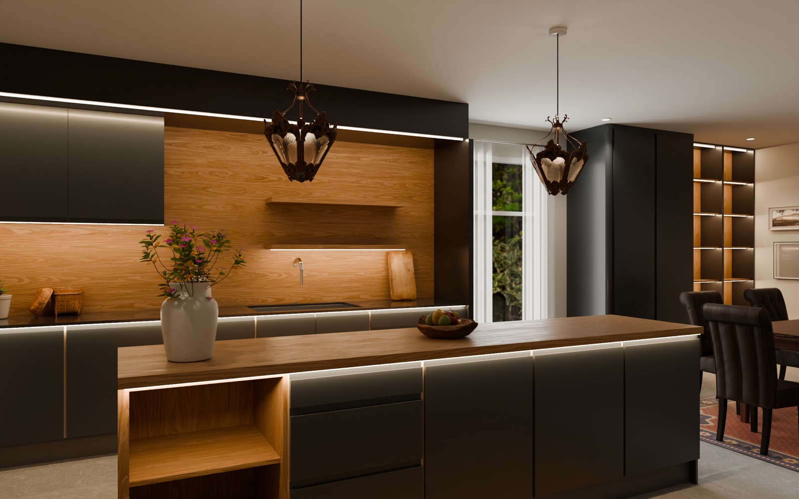 A dark handleless kitchen with an oak lined alcove, floating shelves and an oak island with lit edges
