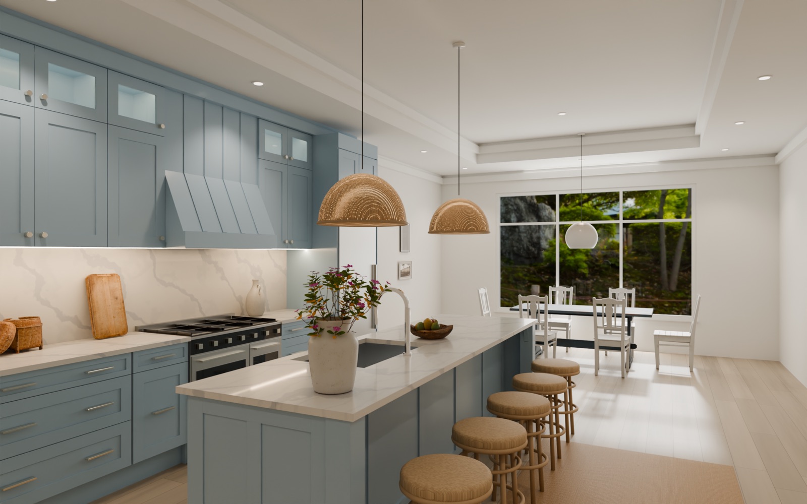 The first chapter with its words hidden: the pale blue kitchen's render alone, full screen