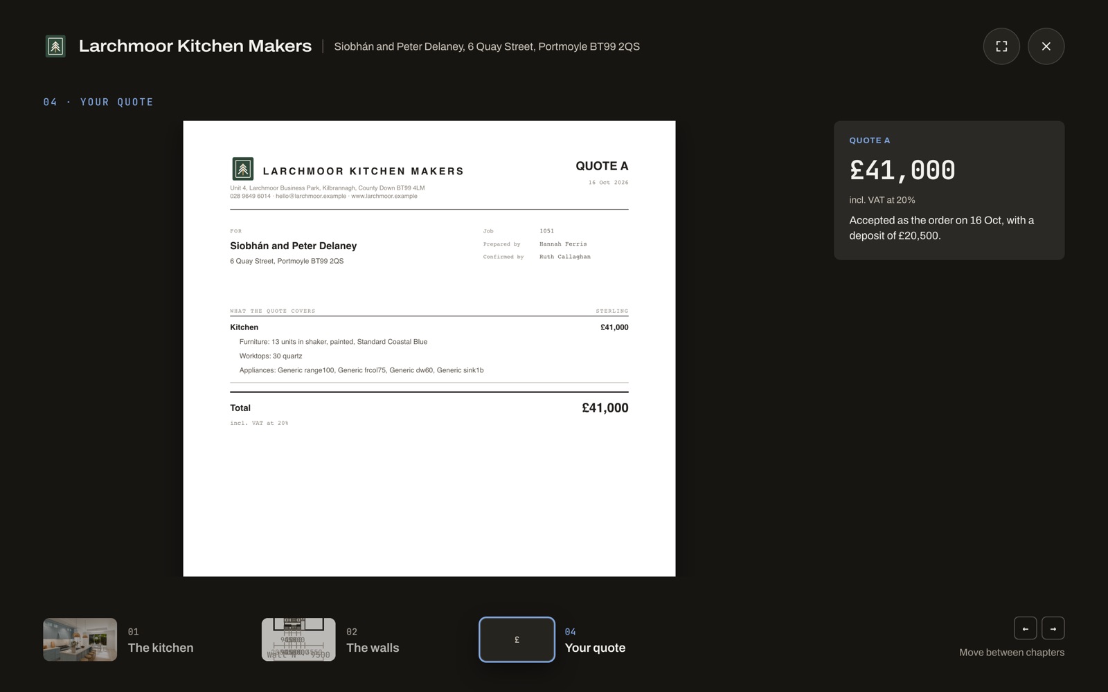The on-screen presentation's quote chapter: quote A on Larchmoor's paper beside its total, £41,000 incl. VAT at 20%, accepted as the order